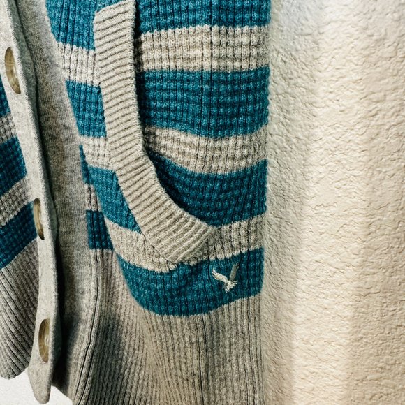 American Eagle Cardigan Top V-Neck Waffle Knit Teal Blue and Gray Striped Sz XS - Picture 5 of 6